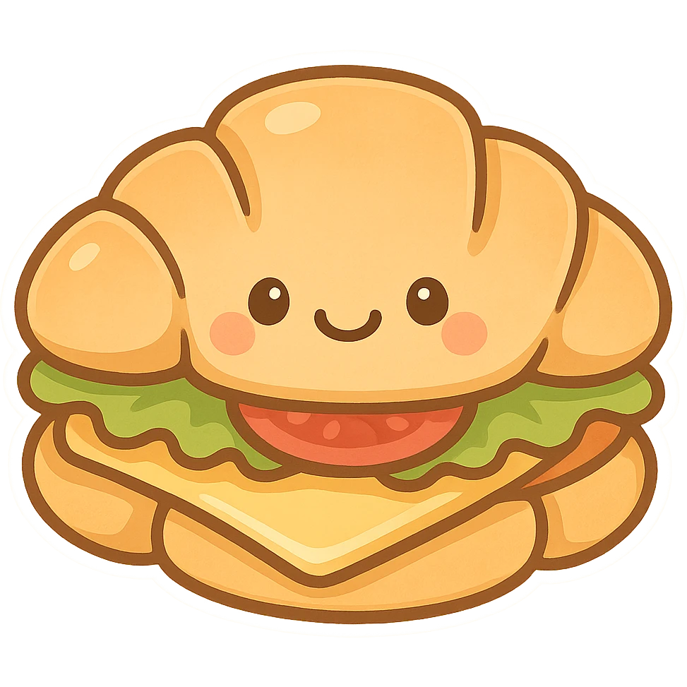 chibi sticker-style croissant sandwich with a smiling face, cute and exaggerated emoji