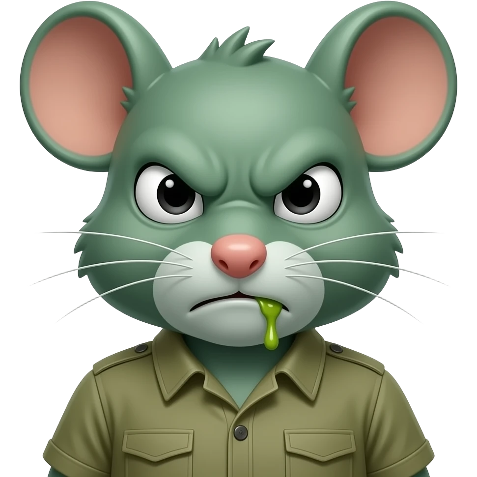 A little green mouse shaped like a little human dressed in khaki green, staring at us with a look of gross, he has vomit on his mouth. emoji