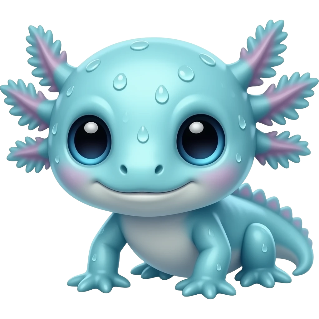 Ultra cute wet axolotl cyan emoji. Baby axolotl with big eyes emoji