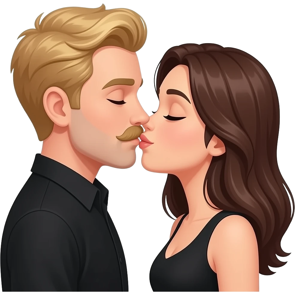 Blond man with a moustache kiss his brunette wife. Both dressing in black emoji