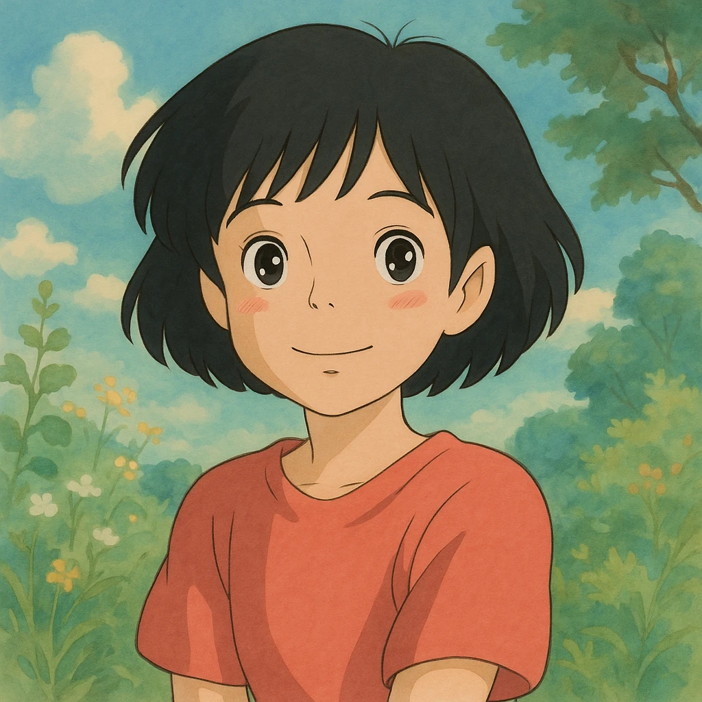 girl with short black hair, ghibli style emoji