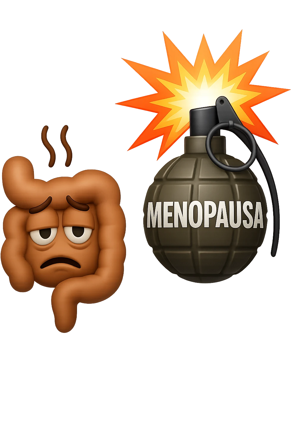 EMOJI STILE IPHONE 3D DI INTESTINO SFINITO CON ESPRESSIONE STANCA, ACCANTO A LUI SCOPPIA UNA GRANATA 3D CON LA SCRITTA "MENOPAUSA" SOPRA emoji