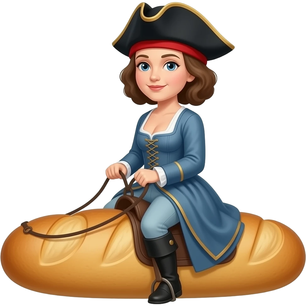 wild historical French Mariana in a tight corset with a large open neckline, with a rebel Jacobin cap riding a narrow French bread emoji