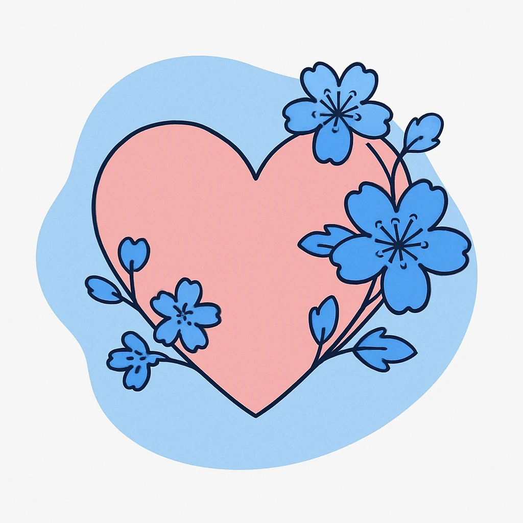 pink heart with sakura flowers, blue blob style emoji