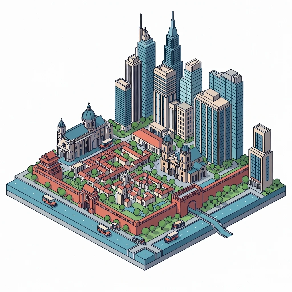 Isometric minimalistic illustration of Manila, subtle 3D miniature effect and Tilt Shift effect, no cartoonish look, transparent background. emoji