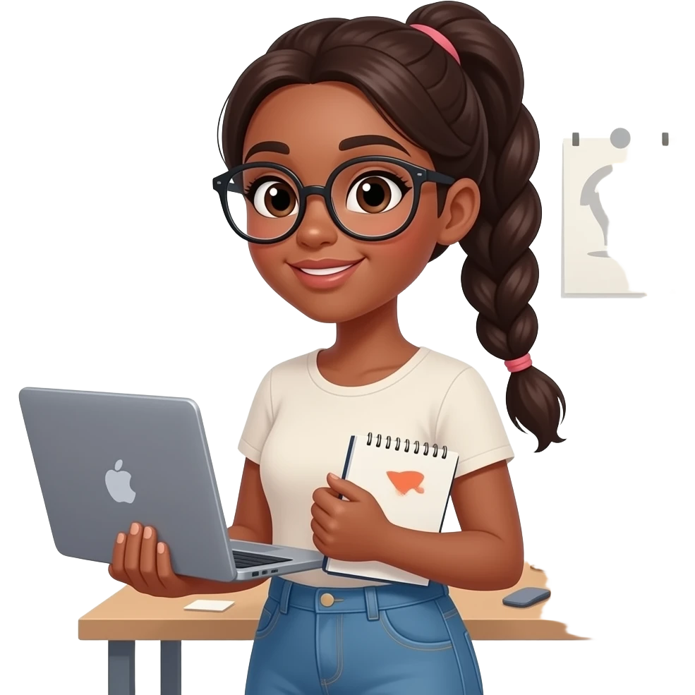 young dark brown skin tone woman with long dark hair in a braided ponytail, glasses, casual clothes, starting a small business, entrepreneur dream emoji