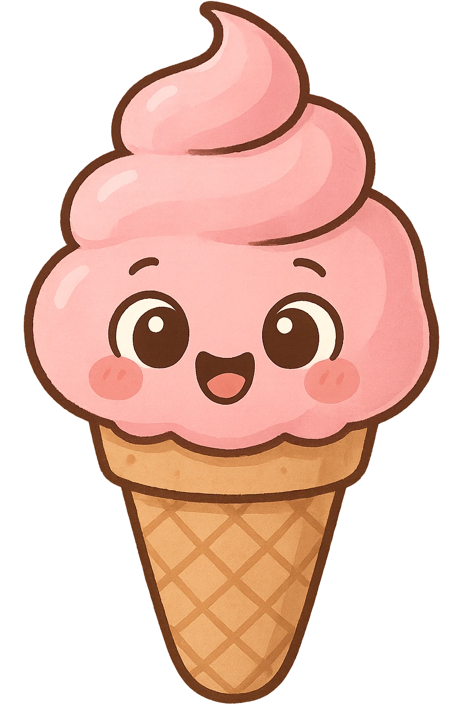 a cute pink ice cream cone, original design, big eyes, blushing cheeks, joyful emoji