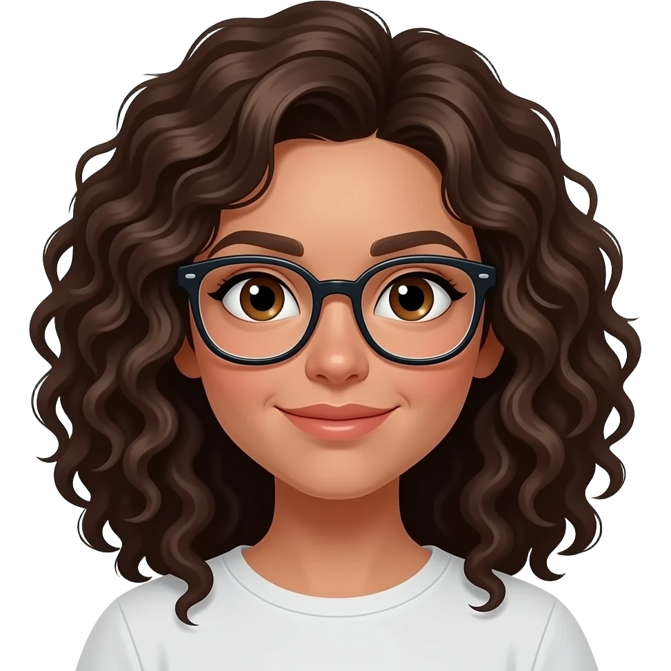 ragazza riccia con capelli alle spalle mora non voluminosi occhi marroni e occhiali emoji