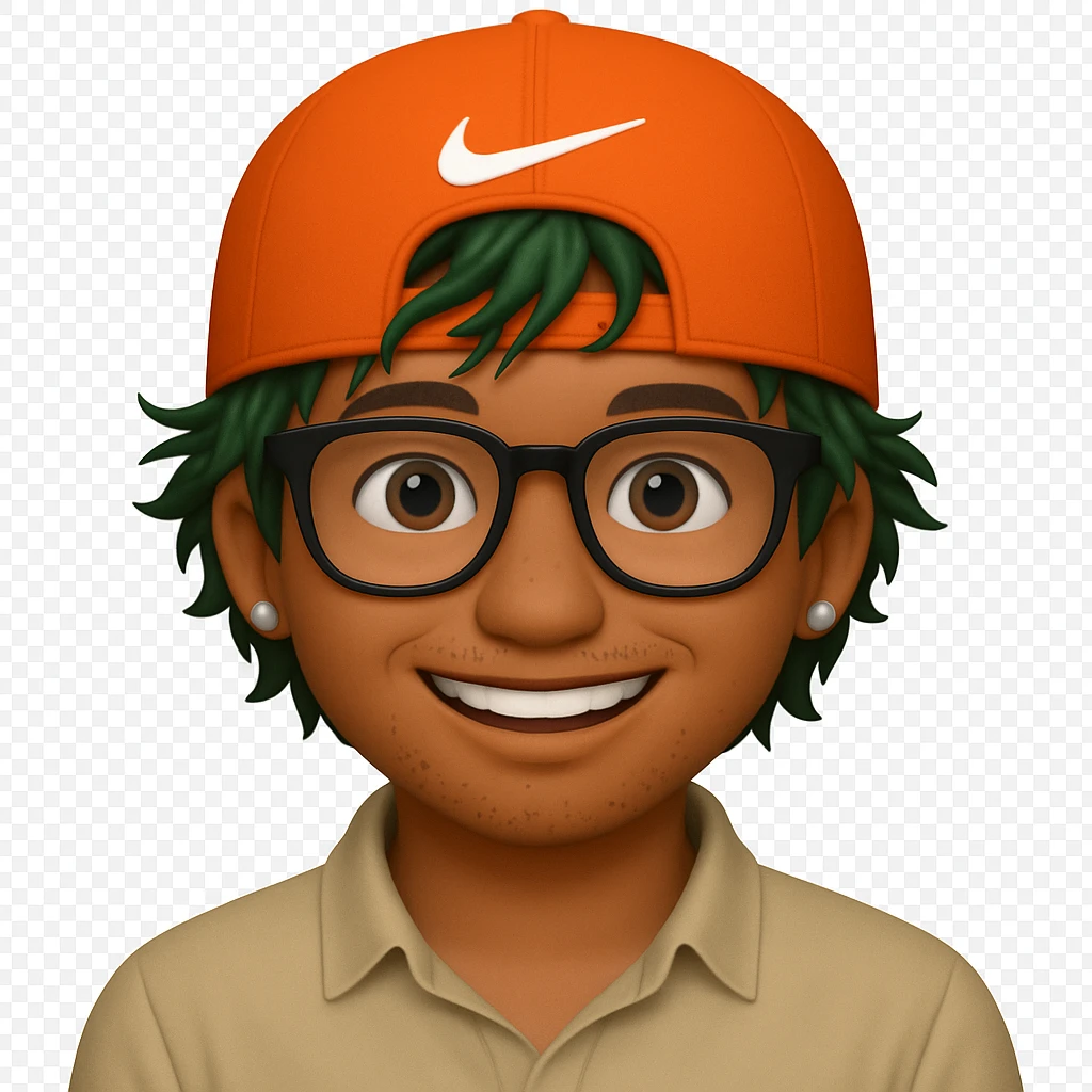 Make the orange cap's visor clearly visible on the back of the head, add more messy green hair in front, and put a small Nike logo on the front of the cap. Keep the street style and big smile. Transparent background. emoji