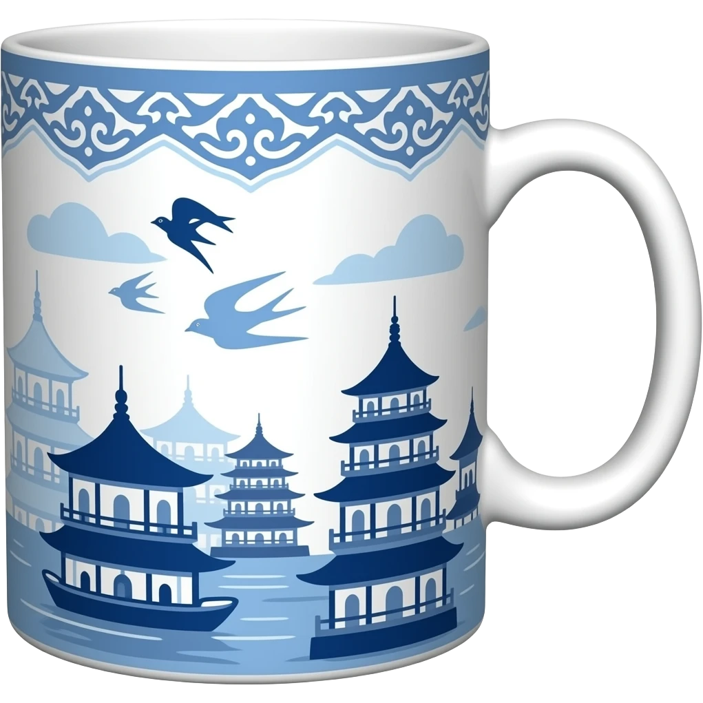 chinoiserie blue willow china pattern mug with a boat, pagodas and two swallows emoji