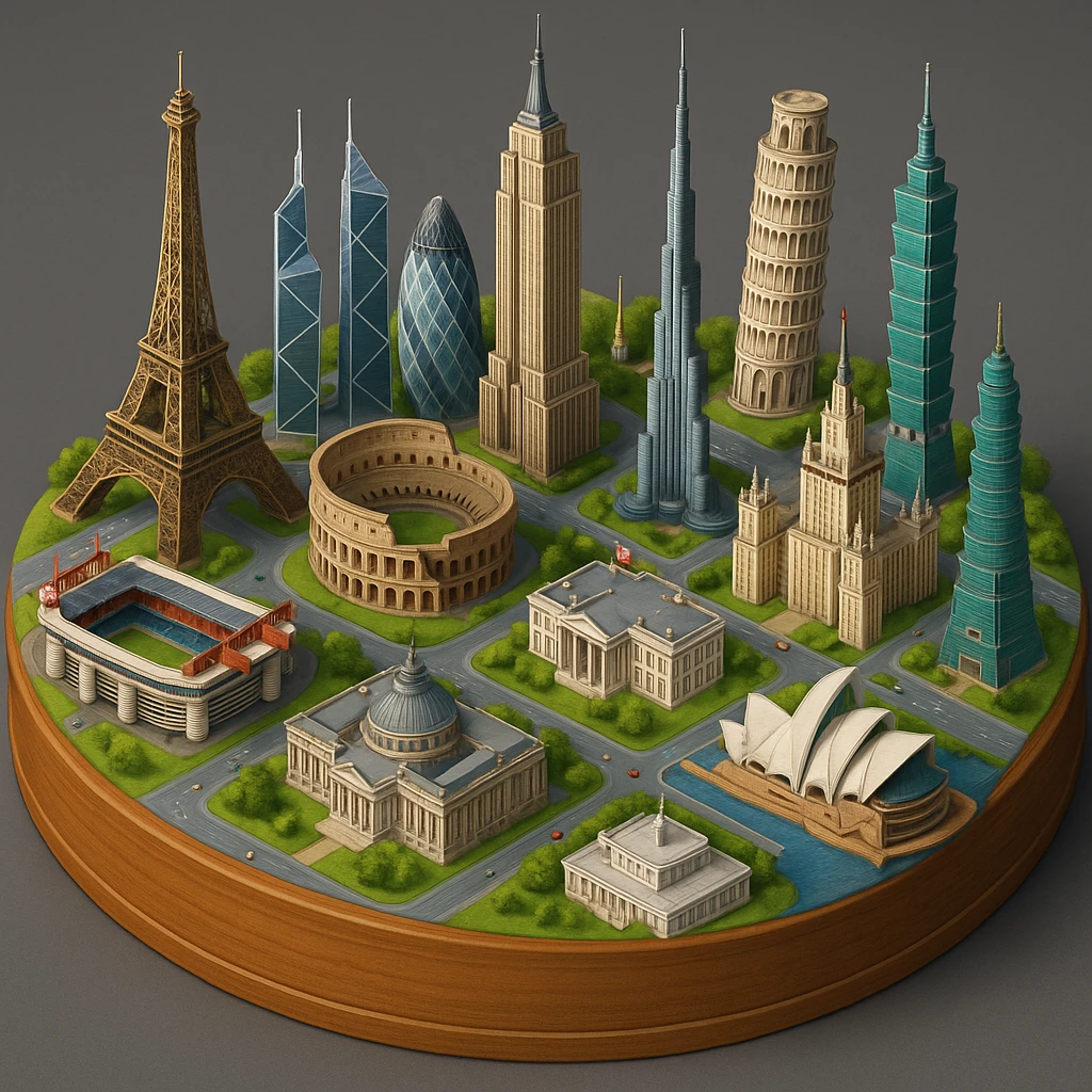 Оставь основу картинки - деревянную подставку, но при этом сгенерируй изометричная, яркая, детализированная и фотореалистичная иллюстрация где будет самые узнаваемые здания мира Эмпайр Стейт Билдинг, Эйфелева башня, Колизей, Сиднейская опера, стадион Сан-Сиро, Белый Дом Пизанская башня, здание МГУ, Бурдж-Халифа, Башни Петронас, Небоскрёб Фостера в Лондоне, Рейхстаг, Тайбэй. Здания не должны повторять и должны быть на картинке в единственном экземпляре emoji