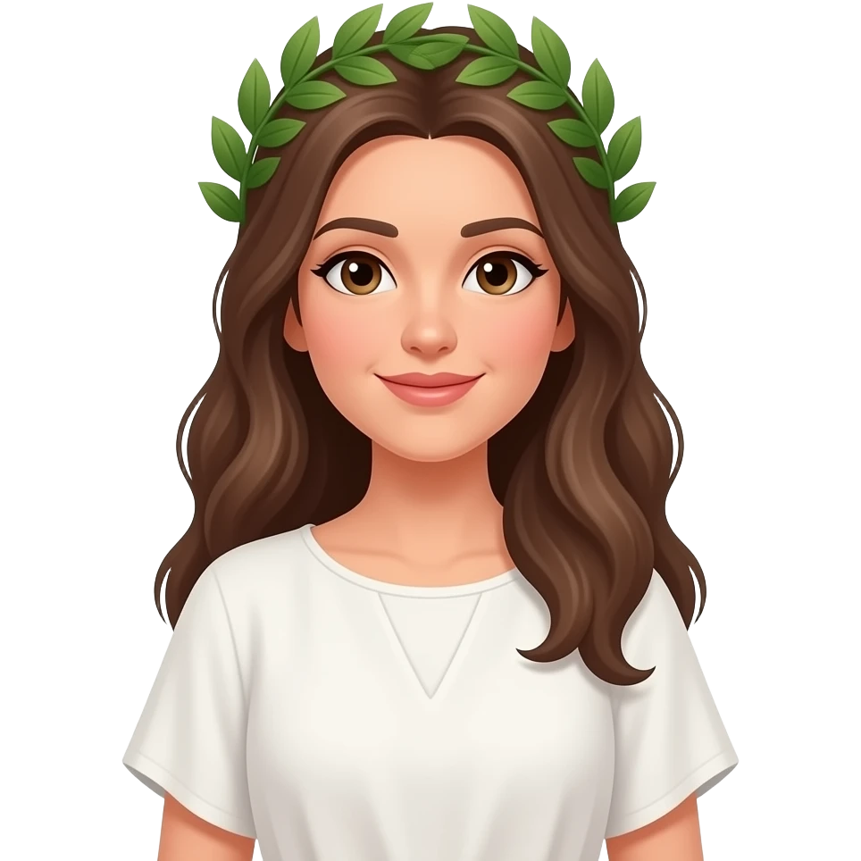 mujer túnica, blanca cabello café largo, corona de laurel, cuerpo completo emoji