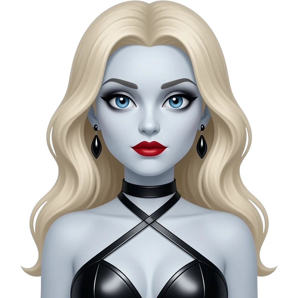 Bride of Dracula with pale-grey skin, blue eyes, long blonde hair, black eyeshadow, red lipstick, black metallic halter dress, black earrings emoji