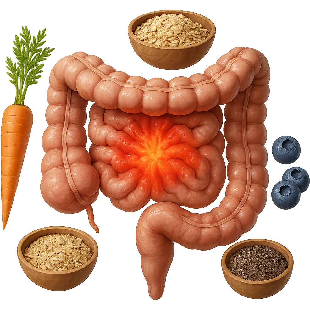 intestino umano anatomico infiammato al centro con carota, bowl di avena, mirtilli, bowl di semi di chia che gli fluttuano intorno , iperrealistico 4k emoji