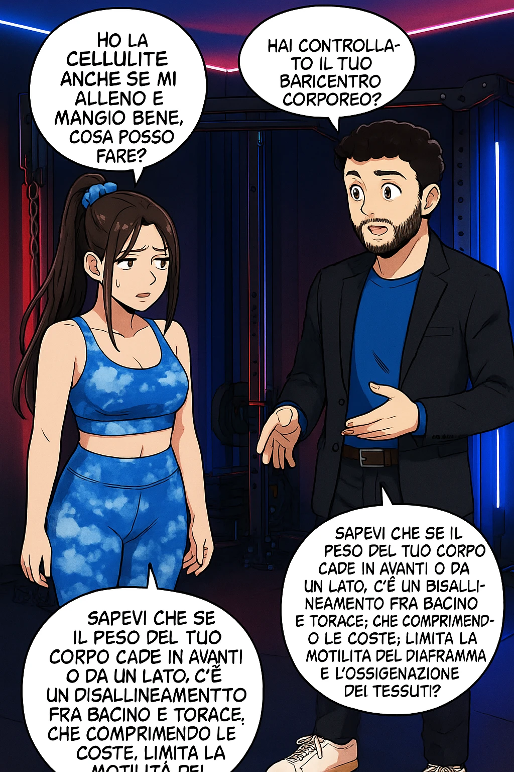 TRASFORMA QUESTO CAROSELLO IN UN FUMETTO STILE MANGA A COLORI CON QUESTE DUE PERSONE IDENTICHE CHE INTERLOQUISCONO TRA LORO:

LEI: Ho la cellulite anche se mi alleno e mangio bene, cosa posso fare?

LUI: Hai controllato il tuo baricentro corporeo?
LUI: Sapevi che se il peso del tuo corpo cade in avanti o da un lato, c’è un disallineamento fra bacino e torace, che comprimendo le coste, limita la motilità del diaframma e l’ossigenazione dei tessuti?
LUI: Il mio è il primo e unico percorso che lavora sugli inestetismi con un lavoro mirato sul baricentro corporeo. emoji
