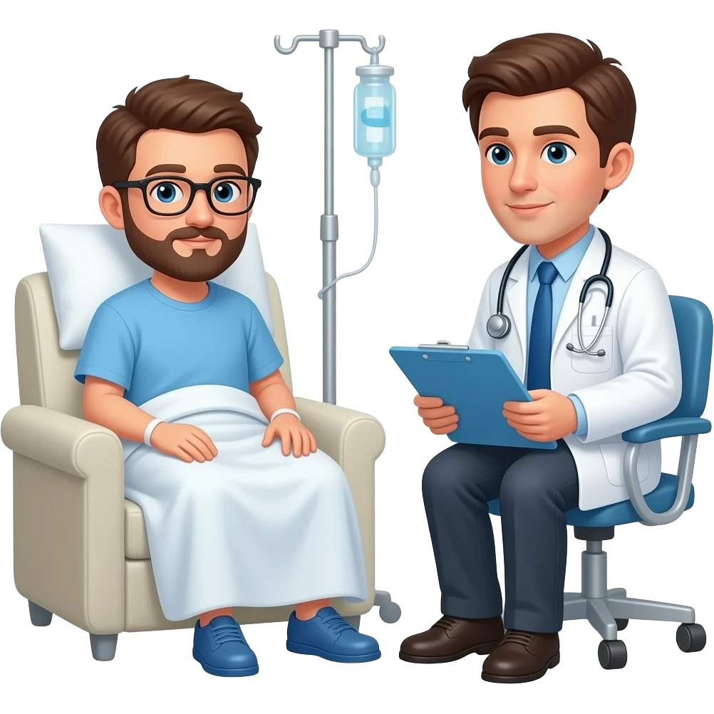 paciente con cáncer de pulmón en consulta hospitalaria con médico emoji