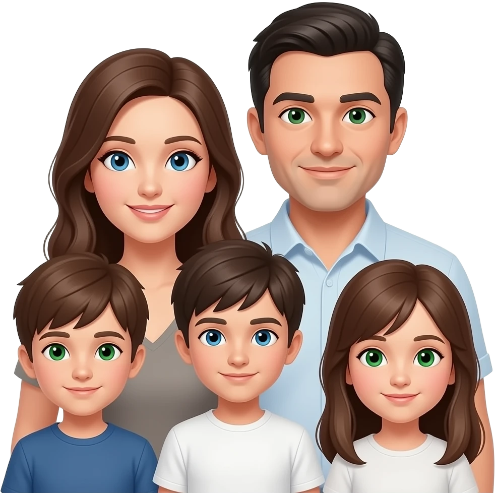 family of 6 white people with 4 kids. all brown hair including mom with blue eyes and dad with black hair green eyes. each of 3 brothers has green eyes except 1 with blue eyes. daughter has green eyes emoji