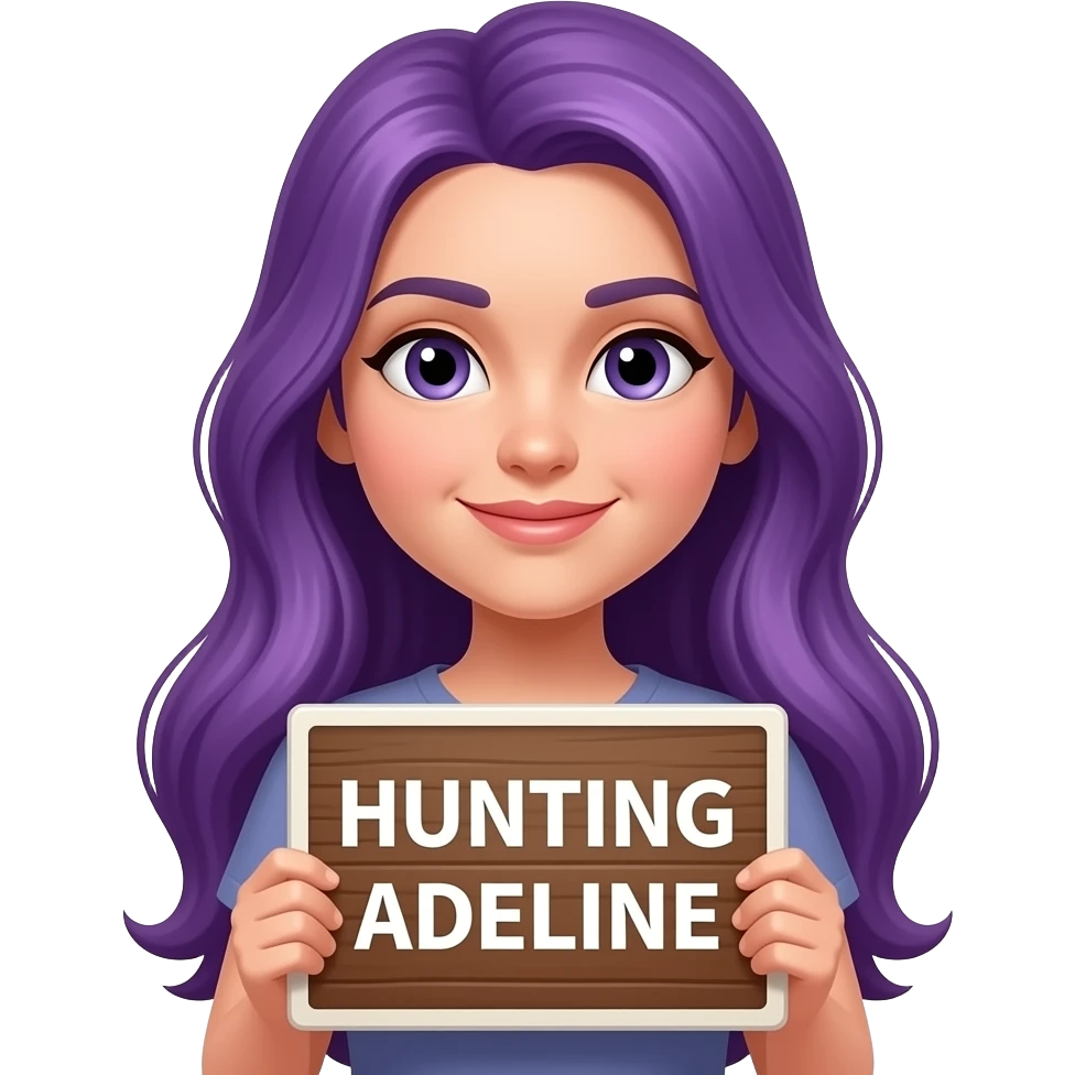 girl with long purple hair with a HUNTING ADELINE sign emoji
