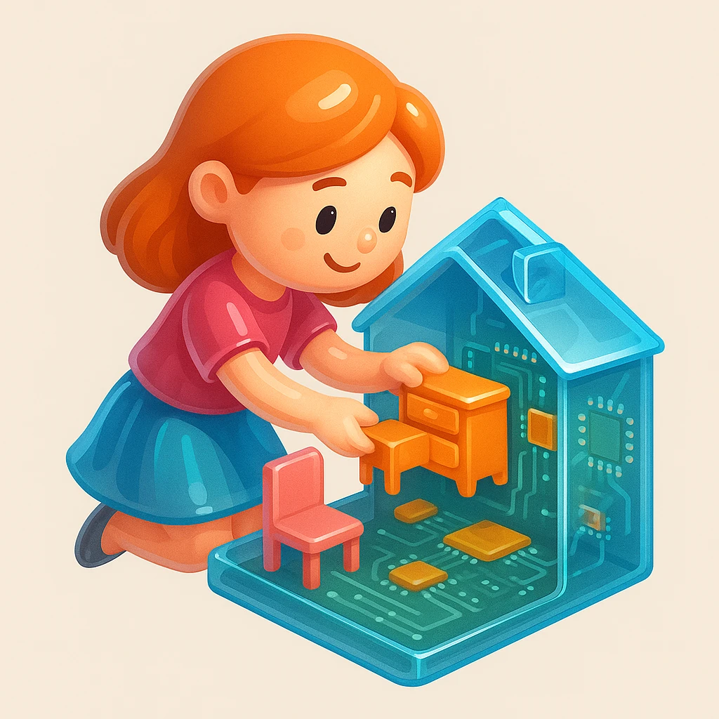 smiling girl arranging furniture in doll house emoji