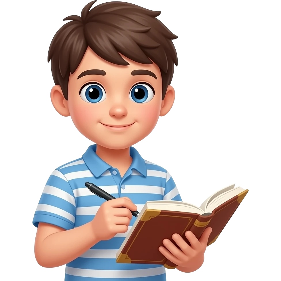 एक किताब का इमोजी बनाओ जो की एक लड़का एक हाथ से तो पड़ी हुई है किताब और दूसरे हाथ से कुछ लिख रहा हो किताब में और लड़का खड़ा होना चाहिए अरे यह बैग हटाओ emoji