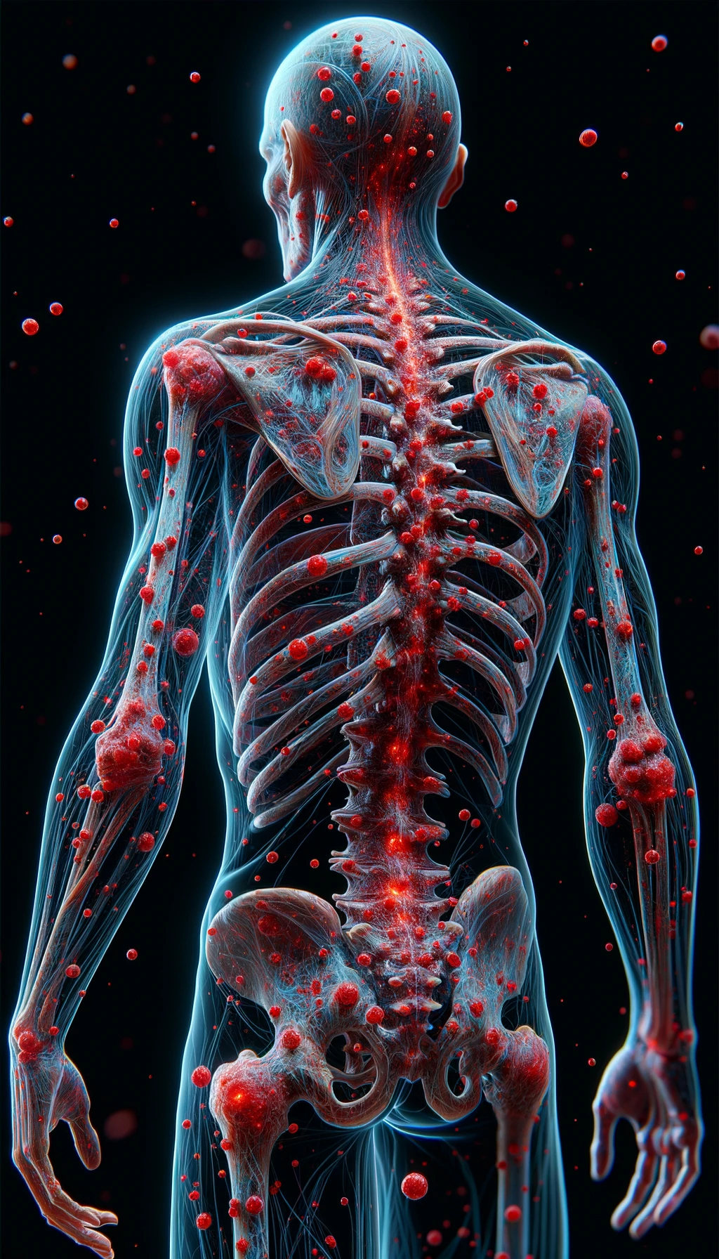 CORPO UMANO ANATOMICO CON RED SPOT DI INFIAMMAZIONE SPARSI SUL CORPO, iperrealistico 4k emoji