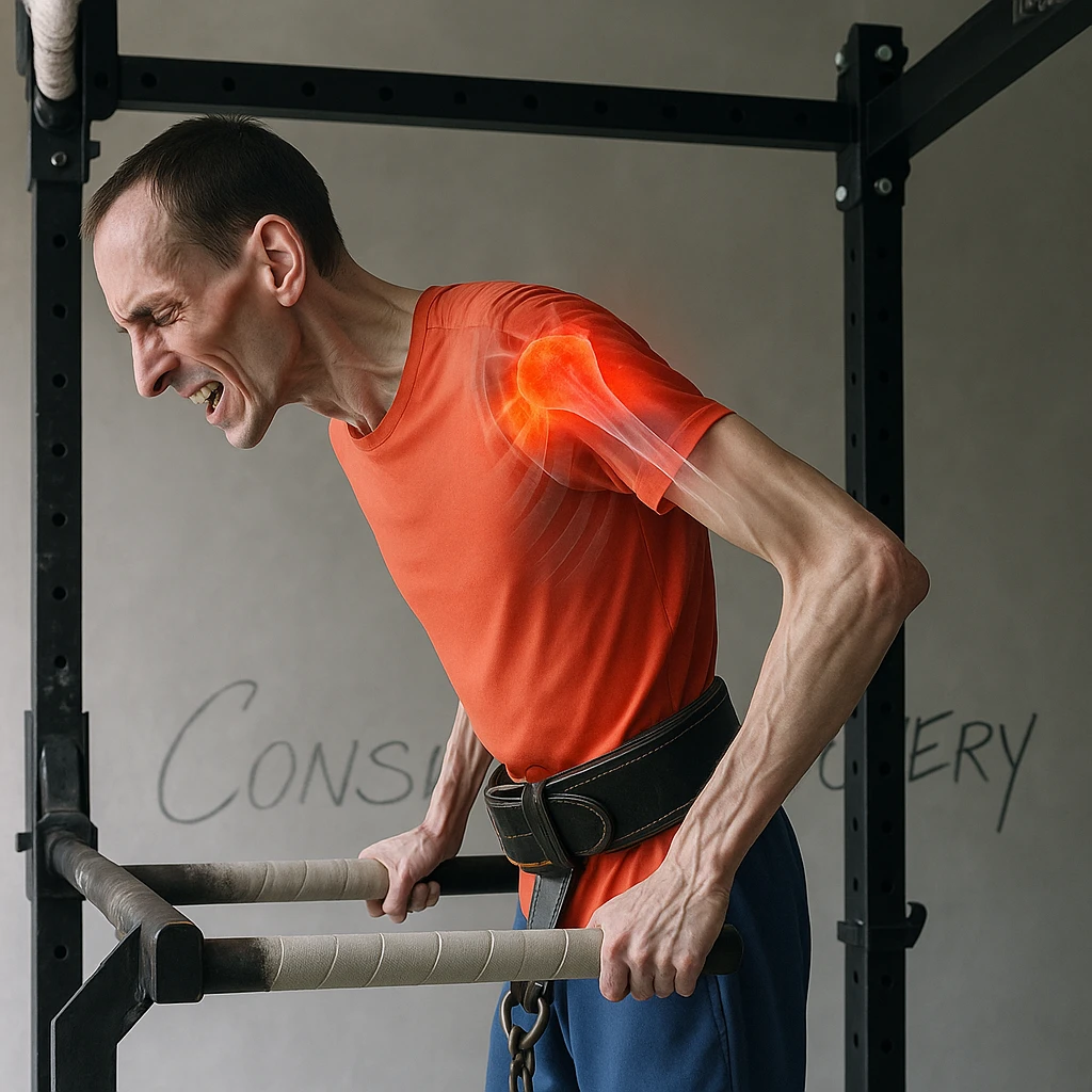 Hyperrealistic 4K image of a very thin man performing a dip on parallel bars, side position as in the reference, showing an expression of pain. Shoulder highlighted with a transparent effect showing internal inflammation. Gym atmosphere. Variant 3. emoji