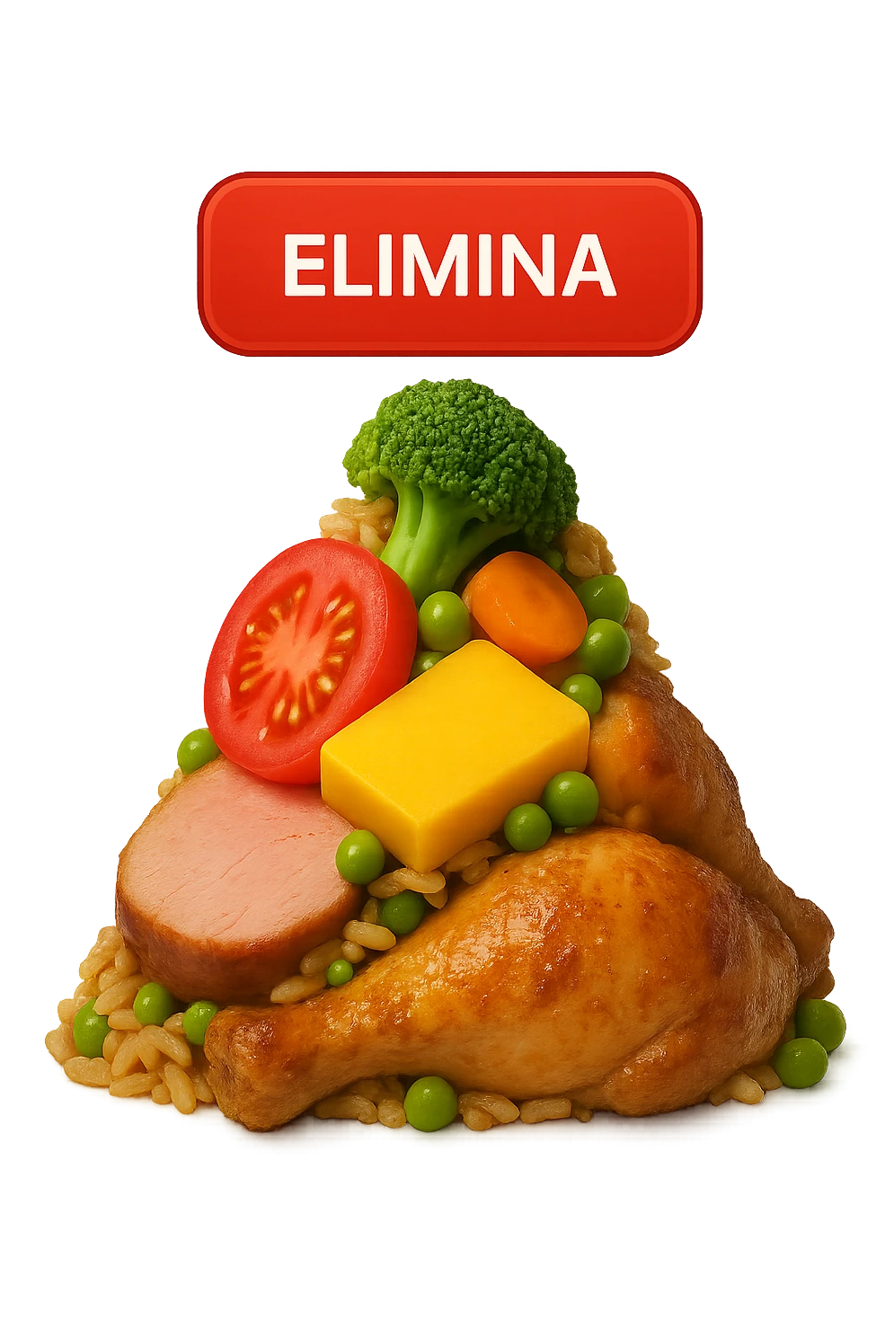 emoji stile iphone di montagna di cibo con tasto "ELIMINA" SOPRA , iperrealistico 4k, isolato su sfondo bianco emoji
