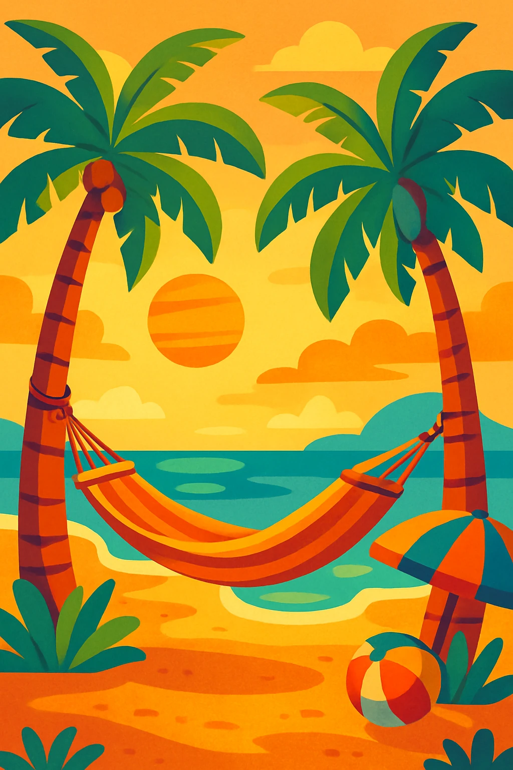 summer theme relaxing vacation, palm trees, hammock, warm tones emoji