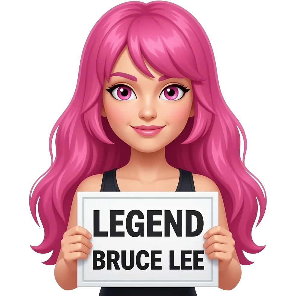sexy girl with long pink hair and pink eyes holding LEGEND BRUCE LEE sign emoji