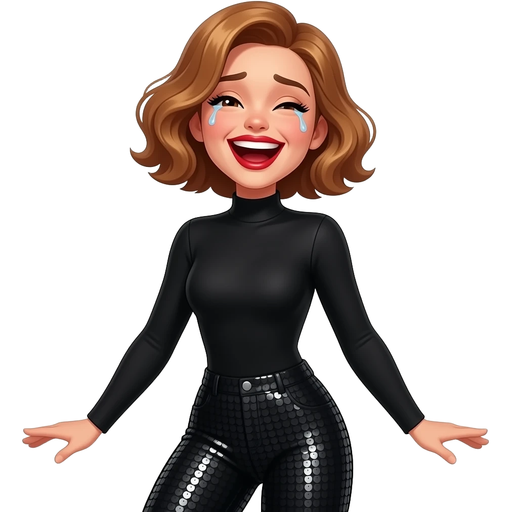glamours,-tanned,-very-beautiful-woman-with-big-plump-red-lips,-long-long-lashes,-honey-silky-very short- hair,-wavy-hair,-hazel-eyes- wearing-black-Long-sleeved-bodysuit-and-black-sequinned-pants-black-and-laughing-out-loud-with tears-&-throwing head back-waist-up emoji