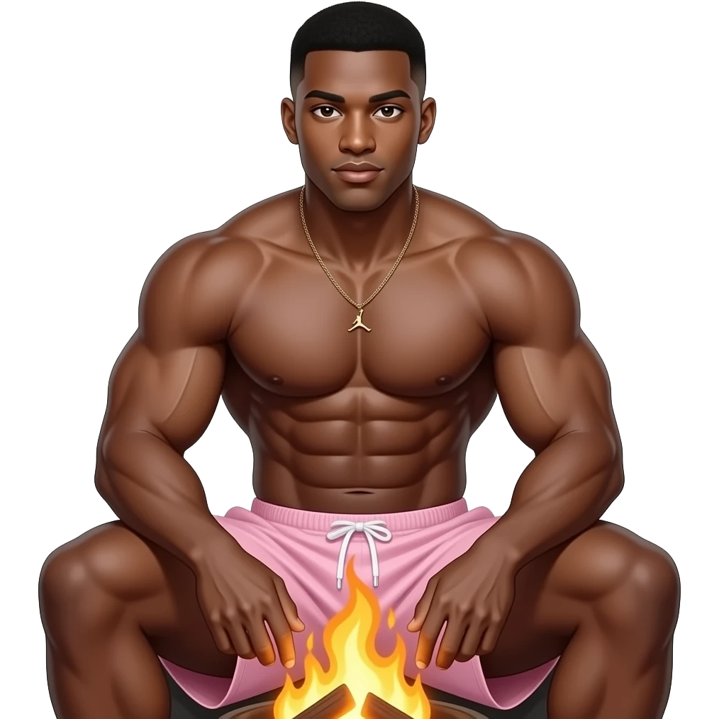 make a black skinned 20 year old man with a low taper fade with abs and big muscles in light pink jordan shorts and the jordan guy is white sitting at a fire and show the fire emoji