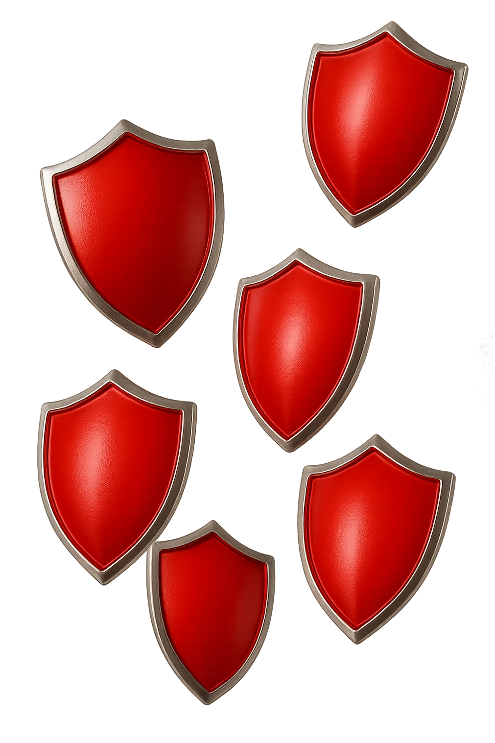 6 scudi 3d rossi che simboleggiano "difesa e protezione", cadono dall'alto casualmente, realistici in 3d, iperrealistico 4k emoji