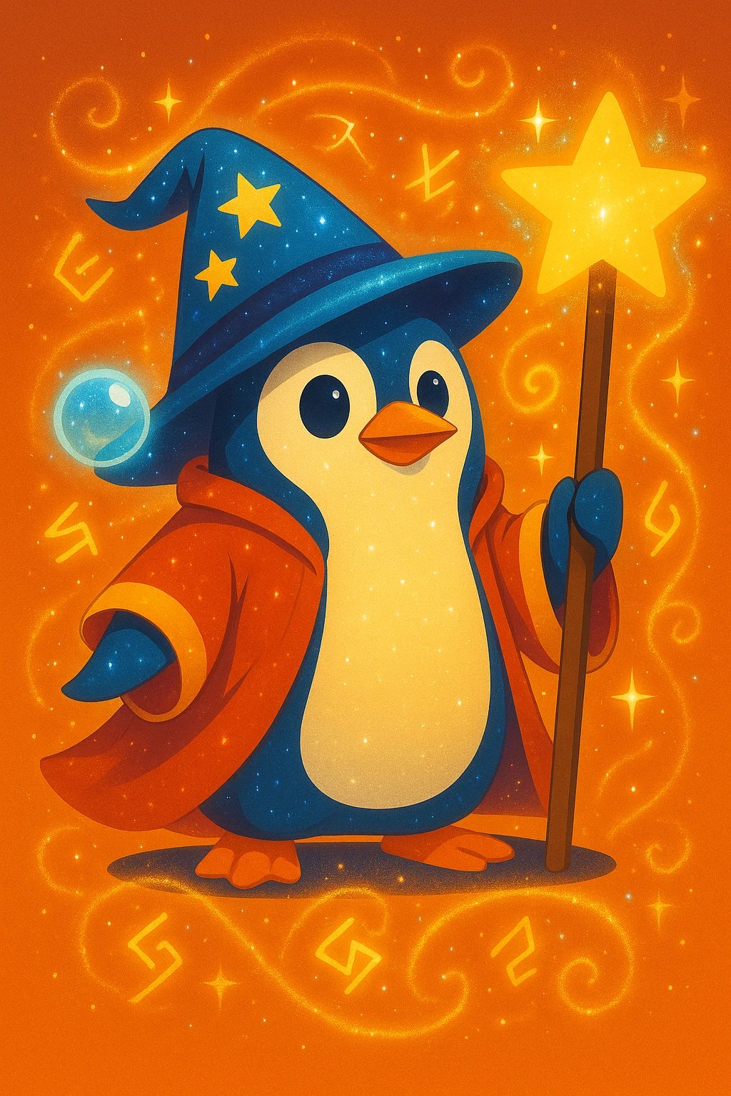 Make the penguin wizard even more magical by adding glowing runes, swirling sparkles, a floating crystal orb, and a shimmering magical aura around the staff and hat, keeping the whimsical style. emoji