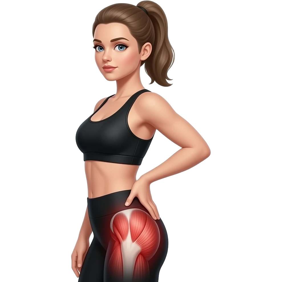 glute pain, anatomical highlight of glute muscles and pelvis, full red glow over the entire glute and hip area, side pose, woman touching hip and glute area, fair-skinned woman, gray-blue eyes, ash brown brows, ash light brown hair tied back, slim athletic body, black workout set emoji
