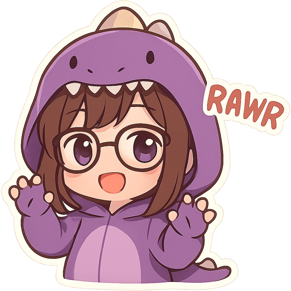 chibi anime style girl with glasses, brown hair, dark purple eyes, wearing a purple dinosaur costume, saying 'rawr' in a cute playful way emoji