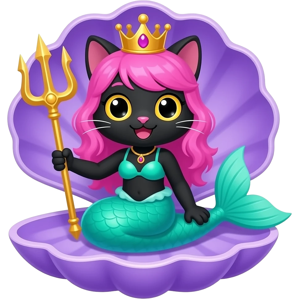 black anthro cat  happy #B8FFFF mermaid tail and   pink hair golden crown green swimsuit sitting on an open purple clam holding a  golden trident emoji