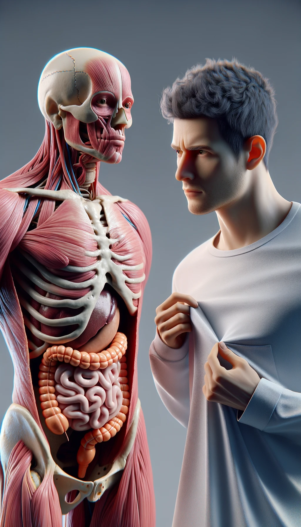 CORPO UMANO ANATOMICO CON INTESTINO UMANO ANATOMICO IN EVIDENZA CHE INDOSSA UNA MAGLIA SINTETICA, SI AFFERRA LA MAGLIA PER OSSERVARLA MEGLIO CON ESPRESSIONE DUBBIOSA IN VOLTO, iperrealistico 4k emoji