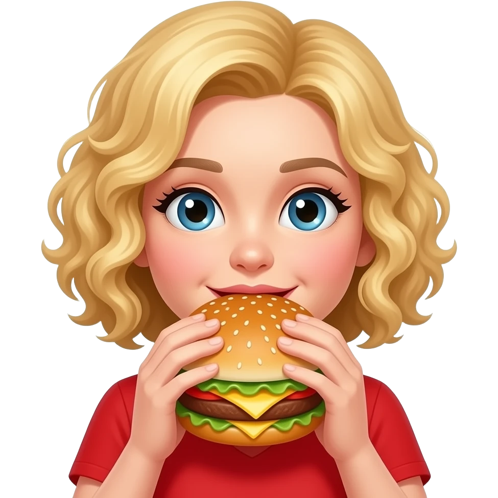 blonde curly bob eating a cheeseburger in red shirt emoji