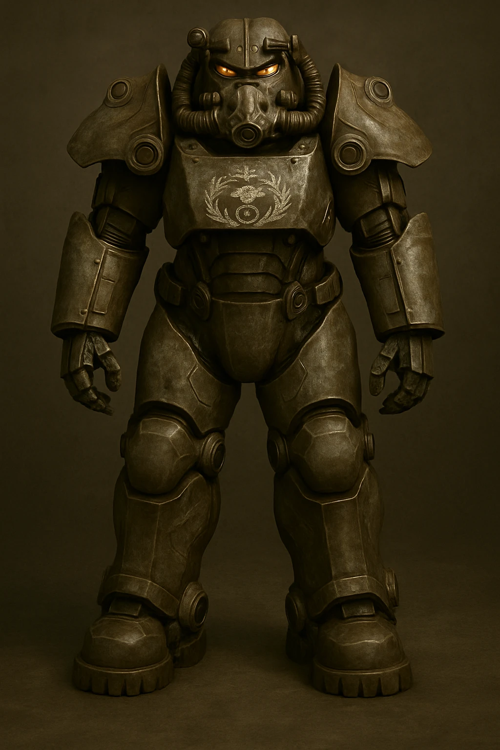 Add the Enclave logo on the chest of the X-01 power armor. Keep the battle-worn, scratched metal texture and glowing eyes effect, integrating the logo naturally into the worn look. emoji