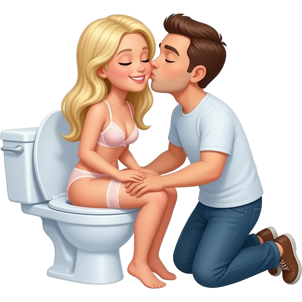 White blonde woman in lingerie sits backwards on open toilet holding her butt open while man knees behind her kissing her butt. Eyes closed smiling emoji