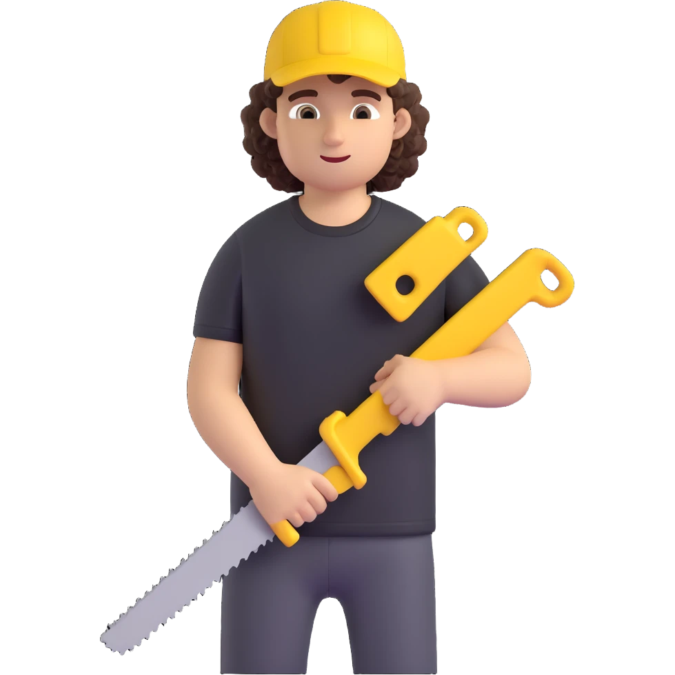 create a character with a saw, cute guy, curly, in a black t-shirt and a yellow cap, in 3d emoji