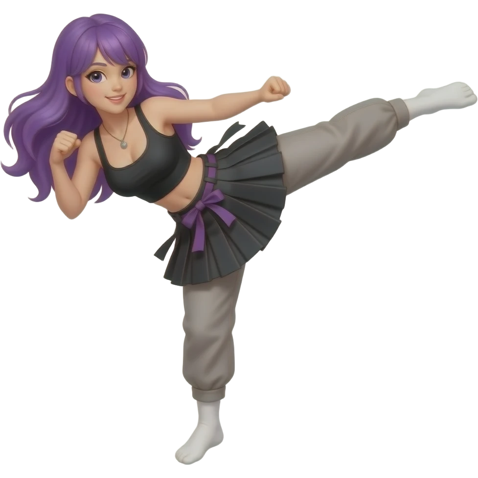 sexy girl with long purple hair is doing a kick emoji