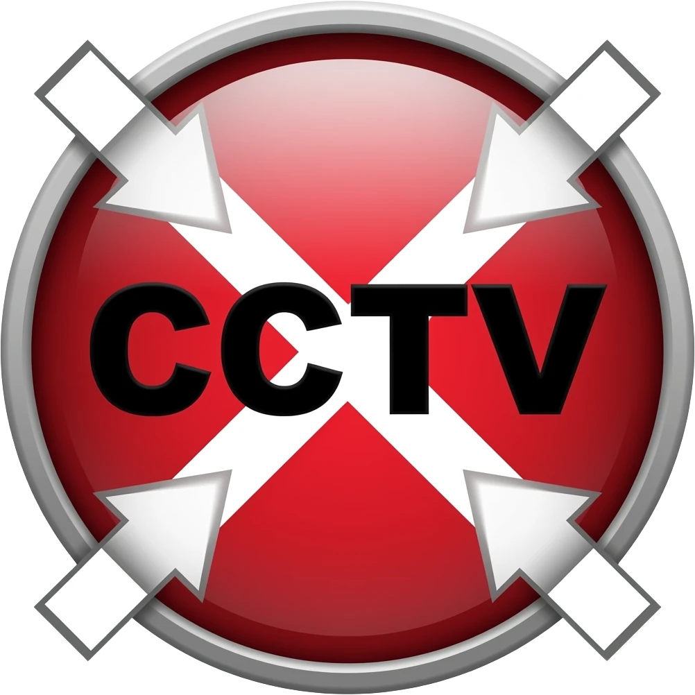 Red filled circle with white X and arrow on all end points on the X white circle in the middle. Big bold CCTV word in the centre in black emoji