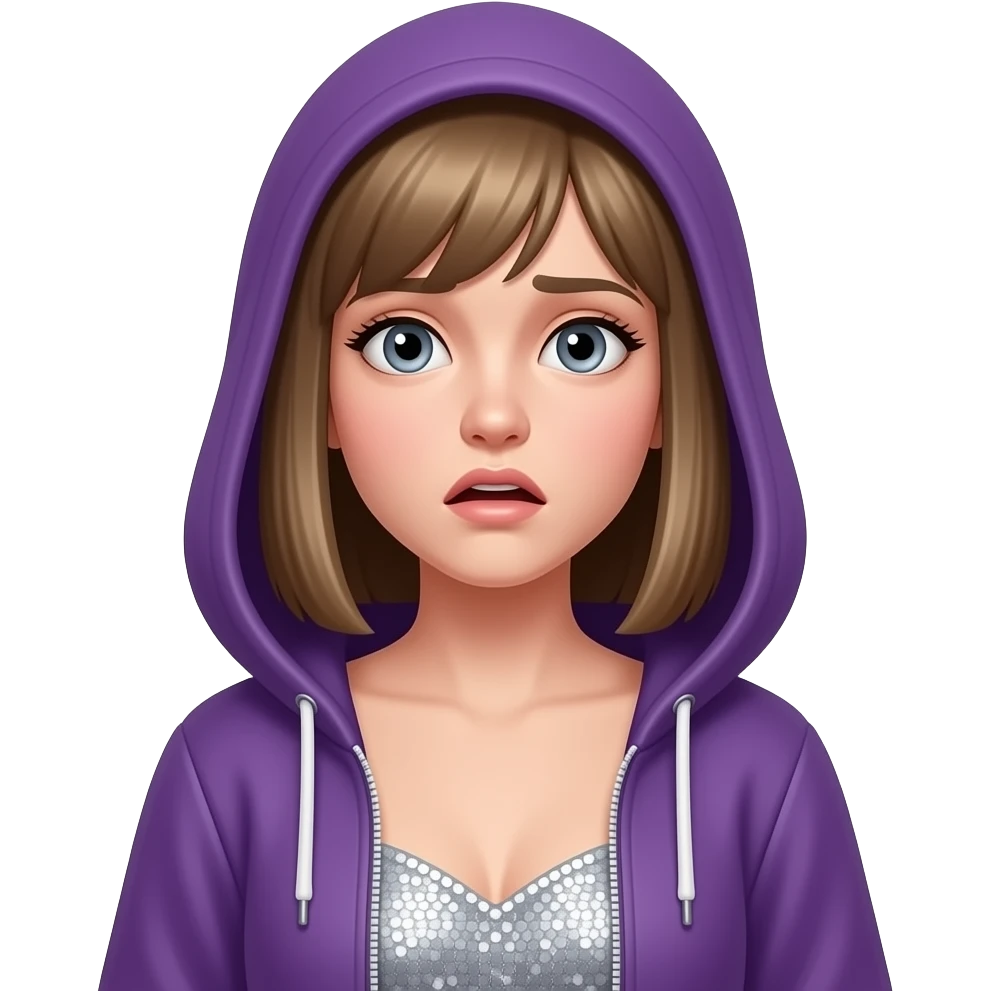 White girl with gray eyes, dark blonde (almost brown) chin-length straight hair, wearing a purple zip-up hoodie with the hood down, over a silver, finely-sequined silver dress that wraps around with no straps. She is scared. emoji