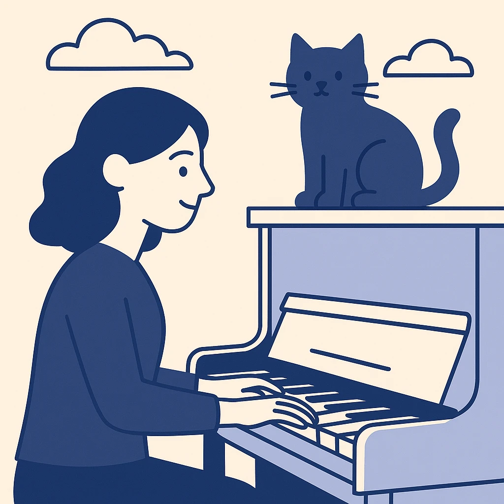 woman playing piano while her cat sits on top of the piano emoji