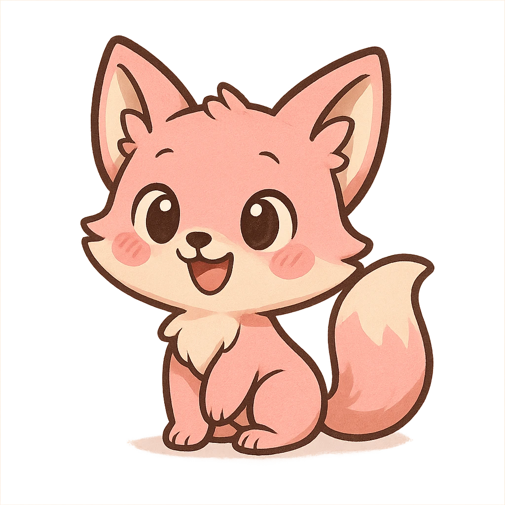 a cute pink fox, original design, big eyes, blushing cheeks, joyful emoji
