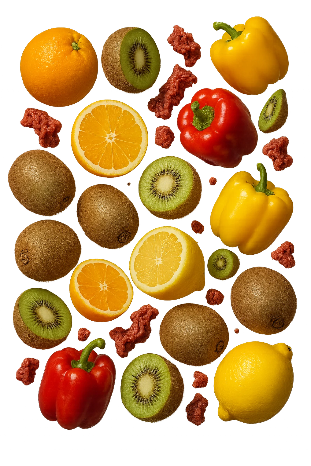 agrumi, kiwi, peperoni fluttuano in aria insieme a piccoli pezzi di colon in 3d, iperrealistici 4k emoji