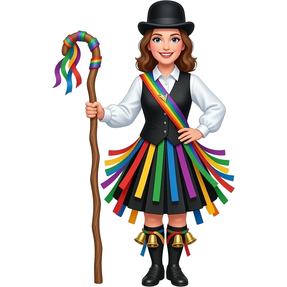 Female Border Morris dancer with handle-sized stick in hand and christmas bells on shins only with rainbow tatters coming off her waist and vest and black bowler hat emoji