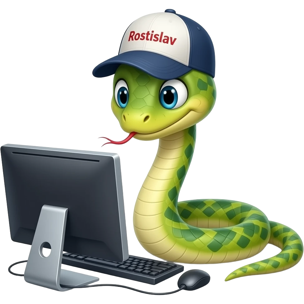 A snake in a cap with the inscription "Rostislav" plays on the computer. emoji