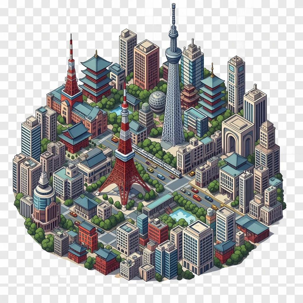 Isometric illustration of Tokyo,  detailed miniature cityscape with its most iconic landmarks and urban views, hand-drawn painterly style, slightly stylized but recognizable architecture, balanced colors, subtle 3D miniature effect, no cartoonish look, transparent background. emoji